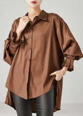 Braune Oversize-Chiffonbluse mit niedrigem und hohem Design